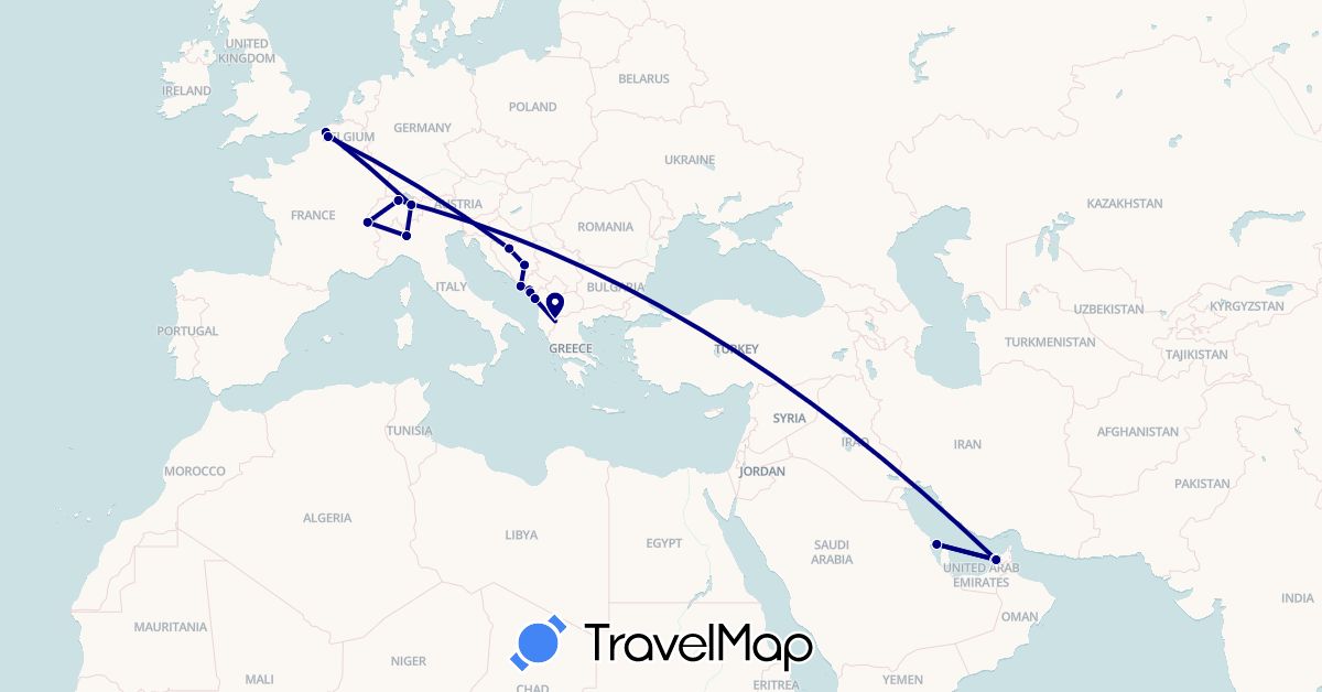 TravelMap itinerary: driving in United Arab Emirates, Albania, Bosnia and Herzegovina, Belgium, Bahrain, Switzerland, France, Croatia, Italy, Liechtenstein, Montenegro (Asia, Europe)